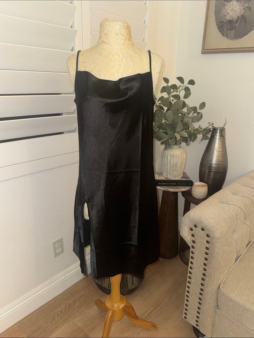 Black Satin Midi Slip Dress with Cowl Neck and Side Slit